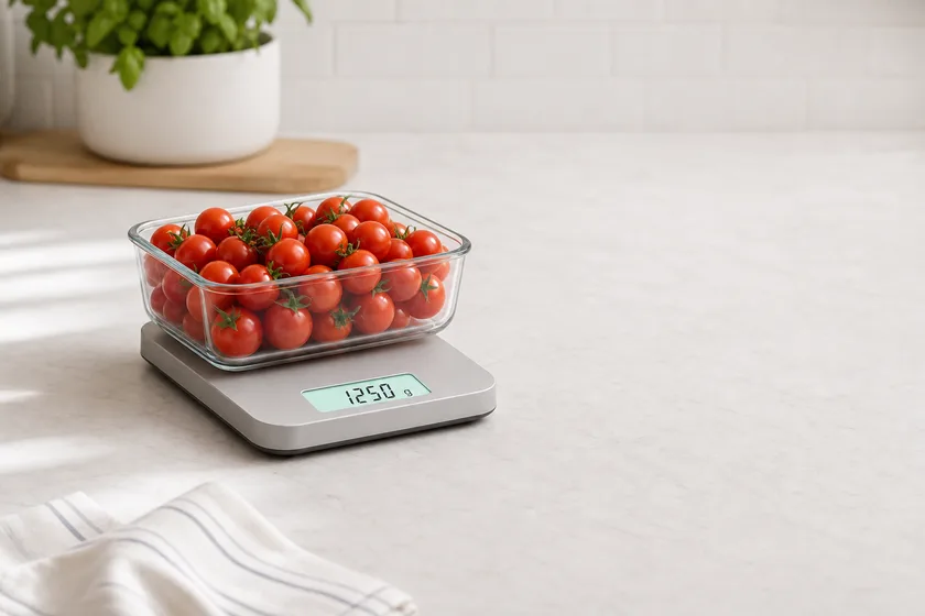 Full container of cherry tomatoes on the scale before use